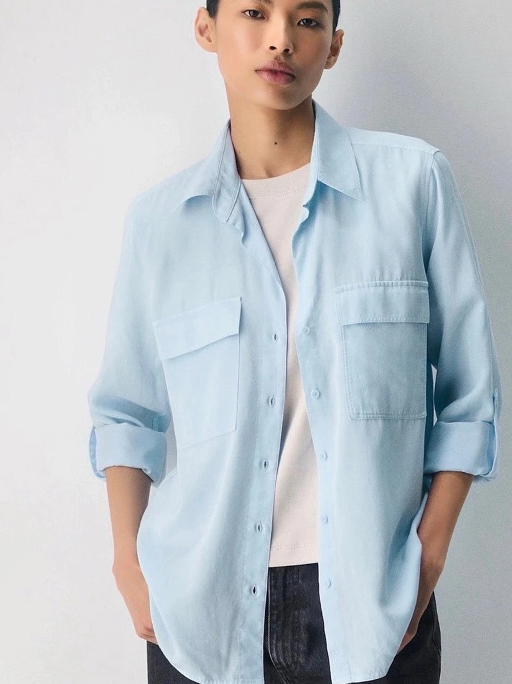 Aritzia Babaton Utility Shirt Medium Light Blue Tencel Lyocell Button Down